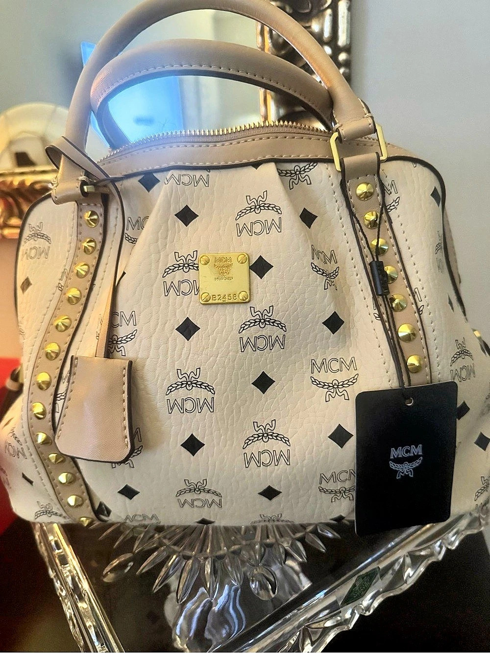 Inspired Studded Boston Satchel Beige & Black